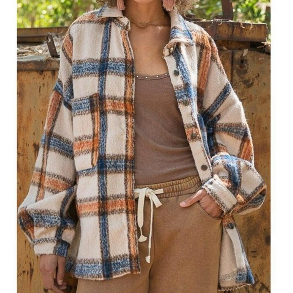 Cream Plaid Fuzzy Shacket Button Down Relaxed Fit - Picture 8 of 12